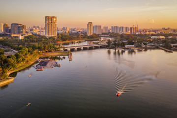 Mar 16/2019 aerial view of a dock near Nicoll Highway MRT Station, Singapore during early morning at 