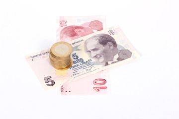 Turkish lira banknotes and coins