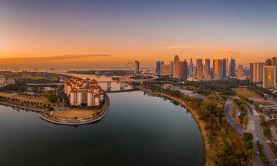 Naklejka premium Mar 16/2019 Sunrise at Singapore Sport Hub over looking to central business district - aerial view