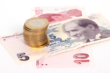 Turkish lira banknotes and coins