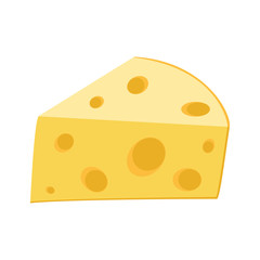 Cheese, icon. A large triangular piece of yellow cheese with large round holes. Vector illustration.