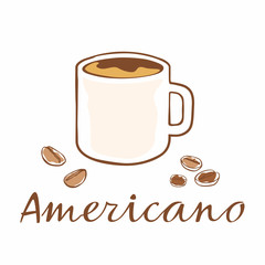 Hand drawn cup of coffee and grains around. Inscription americano. Vector graphics