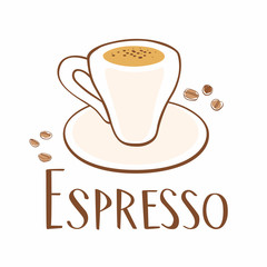 Hand drawn cup of coffee and grains. Inscription espresso. Vector graphics