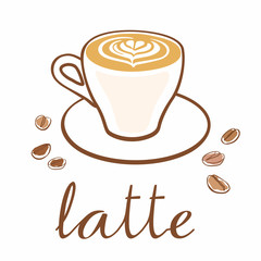 Hand drawn cup of coffee and grains. Inscription latte. Vector graphics