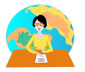 Woman talks about Globe map. Vector color illustration.