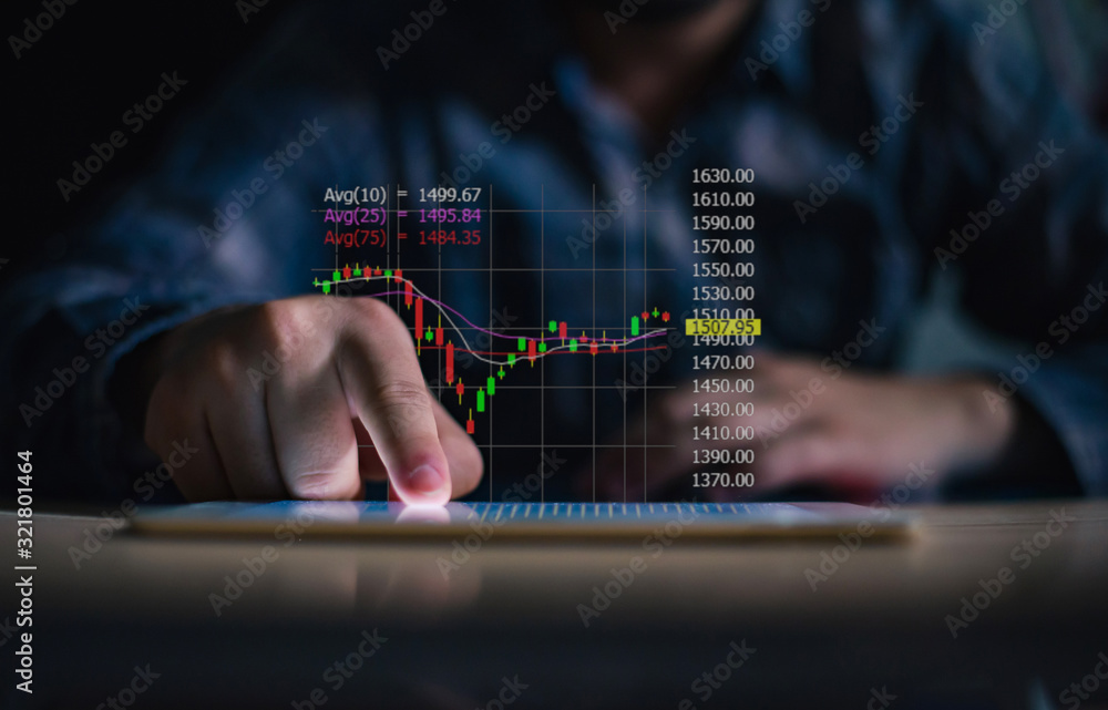 Poster businessman playing tablet and showing a growing of statistics, graph and chart with arrow up on dar