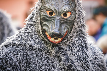 Festival participants dressed up in handmade costume and mask at the Ulmzug carnival event in Ulm,...