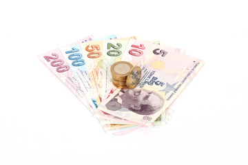 Turkish lira banknotes and coins