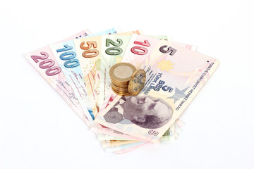Turkish lira banknotes and coins