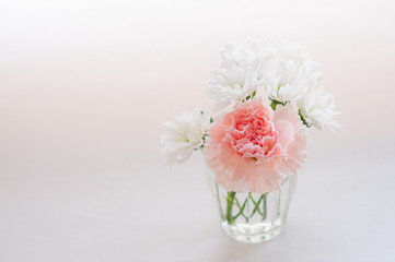 ピンクのカーネーションと白い菊の小さなブーケ 左にコピースペース 白背景