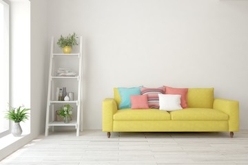 Stylish room in white color with sofa. Scandinavian interior design. 3D illustration