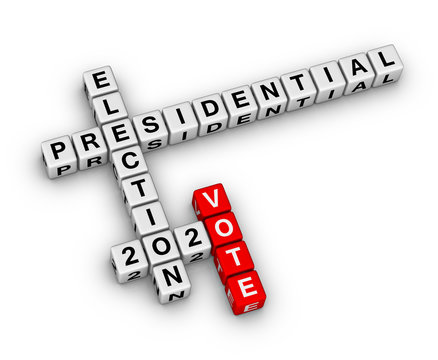 Vote presidential election 2020 year sign. 3D crossword puzzle on white background.