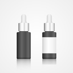 Black glass cosmetic bottle mockup. Cosmetic vials for oil, liquid essential, serum. Mockup vector isolated. Template design. Realistic vector illustration.