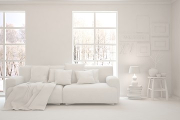 Mock up of stylish room in white color with sofa and winter landscape in window. Scandinavian interior design. 3D illustration