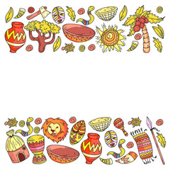 Vector african tribal pattern for banner and posters. Icons of animals and traditional elements for children fabric, clothes, textile. Travel and adventure