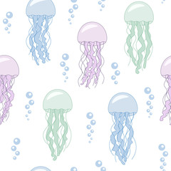 Underwater seamless pattern - colorful jellyfish and air bubbles