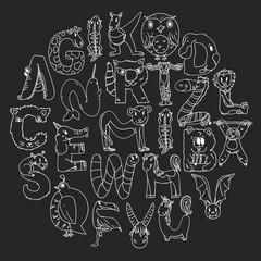Animal alphabet. Zoo alphabet. Letters from A to Z. Cartoon cute animals. Elephant, dog, flamingo, giraffe, horse, alligator, bear, cat.