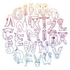 Animal alphabet. Zoo alphabet. Letters from A to Z. Cartoon cute animals. Elephant, dog, flamingo, giraffe, horse, alligator, bear, cat.