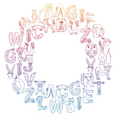 Animal alphabet. Zoo alphabet. Letters from A to Z. Cartoon cute animals. Elephant, dog, flamingo, giraffe, horse, alligator, bear, cat.