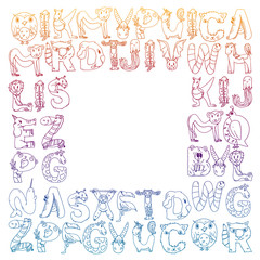 Animal alphabet. Zoo alphabet. Letters from A to Z. Cartoon cute animals. Elephant, dog, flamingo, giraffe, horse, alligator, bear, cat.