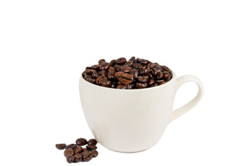 cup of coffee with beans isolated on white