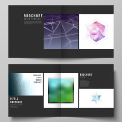 The black colored vector layout of two covers templates for square design bifold brochure, magazine, flyer. 3d polygonal geometric modern design abstract background. Science or technology vector.
