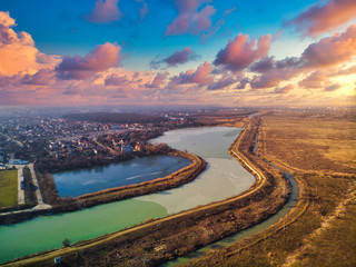 Fototapeta premium Aerial sunset landscape of the Dambovita River close to Morii Lake , Bucharest, Romania