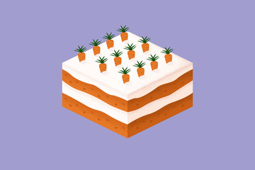 Carrot cake in isometric view on a blue background. Rectangular cake with carrots.