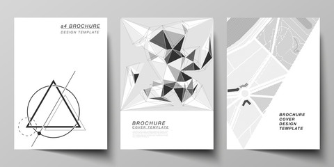 Vector layout of A4 format modern cover mockups design templates for brochure, magazine, flyer, booklet, report. Abstract geometric triangle design background using different triangular style patterns