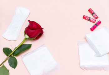 female sanitary swabs, pads, red rose on a beige