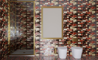 Spacious bathroom in gray tones with heated floors, freestanding tub. 3D rendering.. Empty paintings