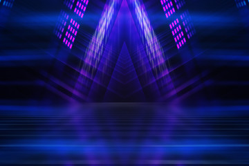 Abstract dark background of empty scene with ultraviolet light. Neon light figures in the center of...