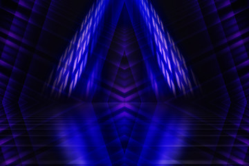 Abstract dark background of empty scene with ultraviolet light. Neon light figures in the center of...