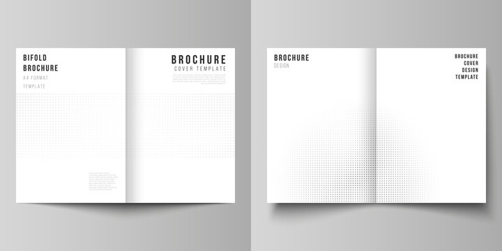 Vector layout of two A4 cover mockups design templates for bifold brochure, flyer, cover design, book design. Abstract halftone effect decoration with dots. Dotted pattern for grunge style decoration.