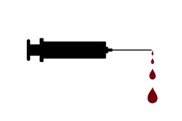 Vector silhouette of injection with drops of blood on white background. Symbol of medical and healthy.