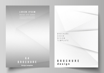 Vector layout of A4 cover mockups design templates for brochure, flyer layout, cover design, book design, brochure cover. Halftone dotted background with gray dots, abstract gradient background.