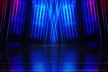 Abstract dark background of empty scene with ultraviolet light. Neon light figures in the center of...