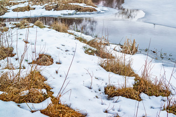 Pond covered with ice with reflections of spring sky and trees	