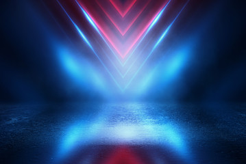 Background empty scene. Reflection of neon lights on the wet asphalt, spotlight. Abstract multicolored, blurry light on a dark empty street with smoke, smog. © Laura Сrazy