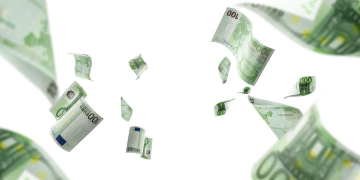Euro banknote isolated falling background. European money bill. Business cash
