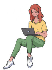 Freelance redhead Girl Young Woman Working on laptop notebook in women coworking center, in cafe, outdoor work
