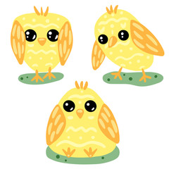 Cute chicken set. Easter character design. Element for menu, catalog, restaurant, cartoon, game, kitchen, textile, decor, holiday. Vector illustration.