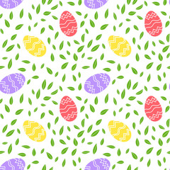 Seamless vector pattern. Painted Easter eggs with leaves, branches and flowers. Design for wrapping paper, card or textile. Objects are drawn by hand on a white background