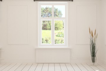 Fototapeta premium Stylish empty room in white color with summer landscape in window. Scandinavian interior design. 3D illustration