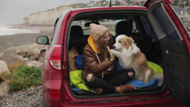 beautiful young blogger girl with cup in car on shore in Normandy. with a dog border collie on vacation sitting in the car, the wind blows up the hair.