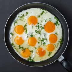 Fried eggs with greens in an iron pan on a dark background. View from above.