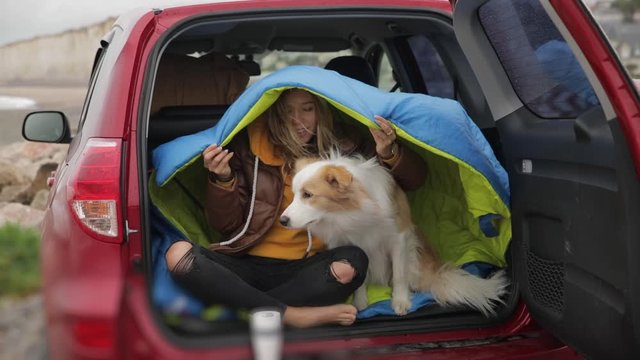 close up portrait of young girl a woman wraps her dog in a plaid border collie sit in the trunk of a car traveling in Normandy