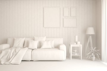 Mock up of stylish room in white color with sofa. Scandinavian interior design. 3D illustration