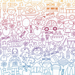Kindergarten preschool school children. Kids drawing style vector pattern. Play grow learn together.