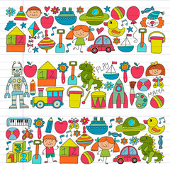Fototapeta premium Kindergarten preschool school children. Kids drawing style vector pattern. Play grow learn together.